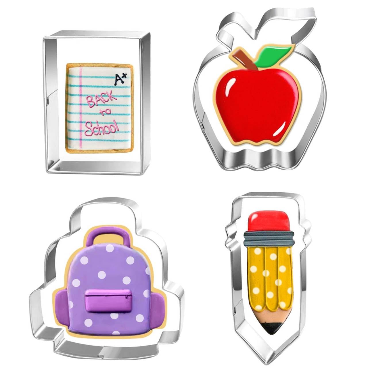Lubtosmn Back To School Cookie Cutter Set-4 Piece-Bag, Book, Apple, Pencil Fondant Biscui Cutters