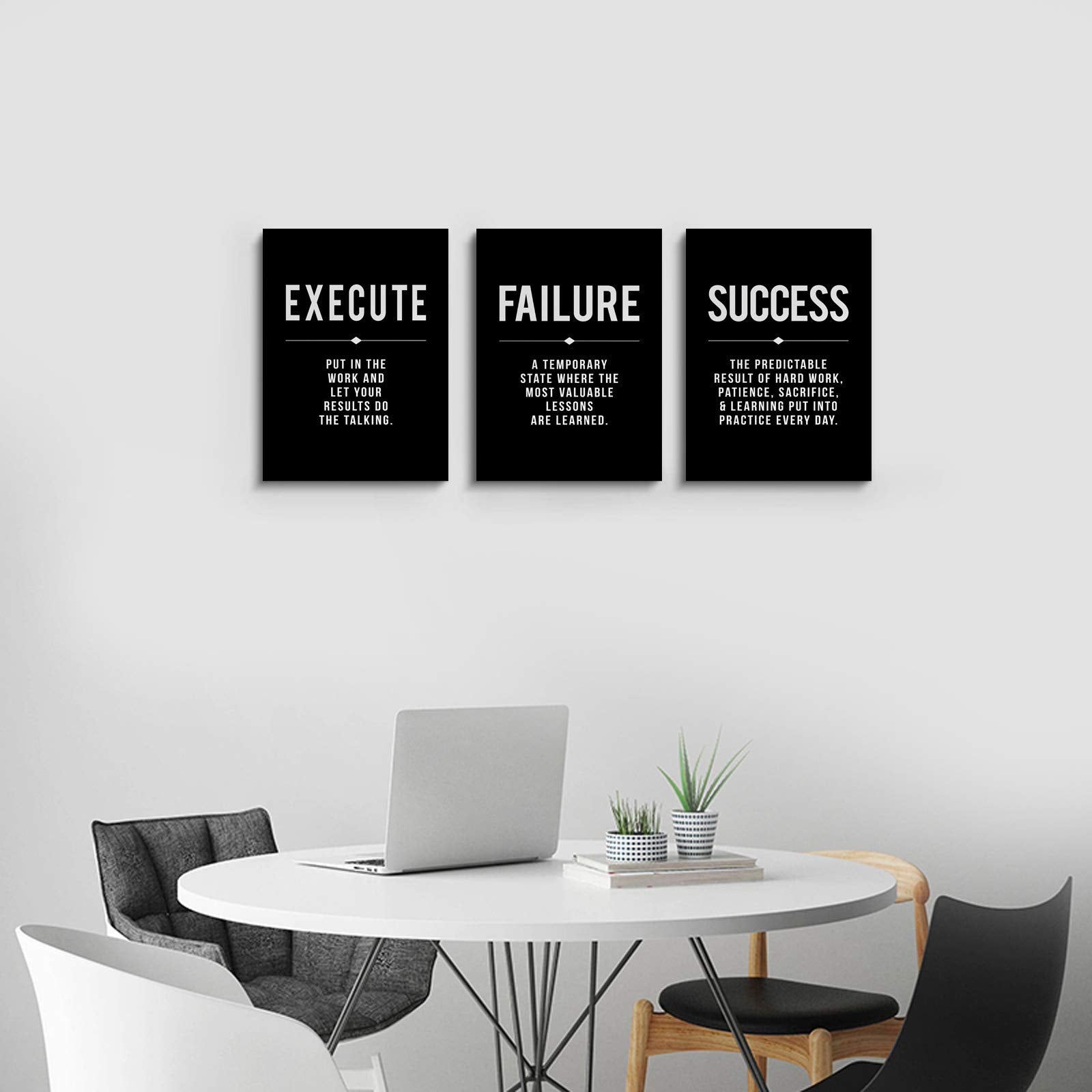 Framed Canvas Wall Art Success Quote For Office, Black Large Positive Motivational Poster, Set Of 3, Execute Failure Definition,