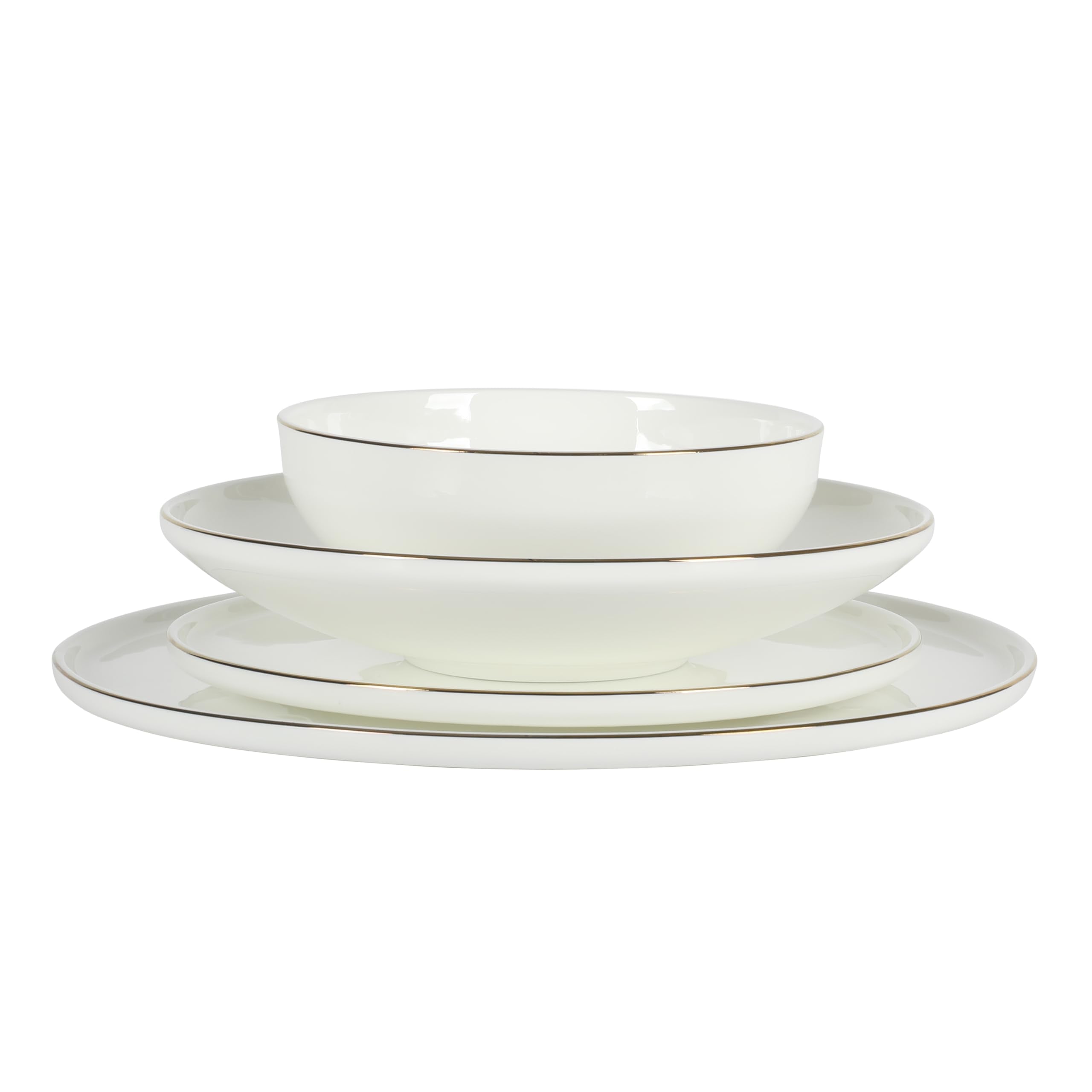 Gibson Elite Lana 16 Piece Bone China Double Plates and Bowls Dinnerware Set, White w/Gold Rim