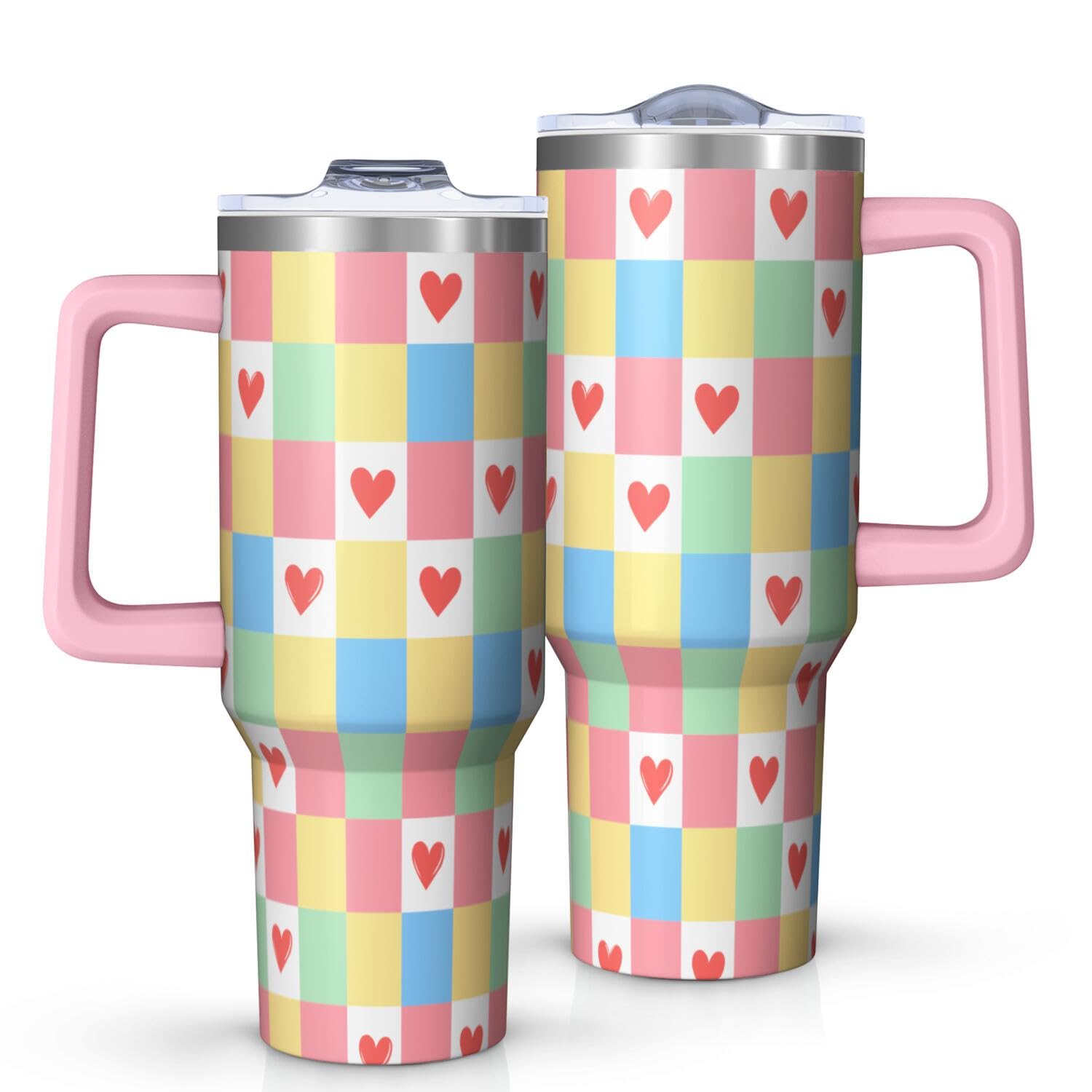 Geliao Lianglo 40oz Pastel Checkerd Tumbler with Handle,Cute Heart Pattern Leakproof Travel Mug, Insulated Stainless Steel Cup,G