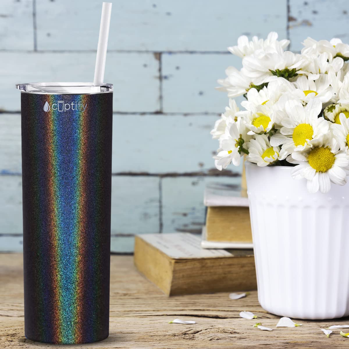 Cuptify Black Glitter 20 Oz Skinny With Lid Stainless Steel Vacuum Insulated Double Wall Travel Mug