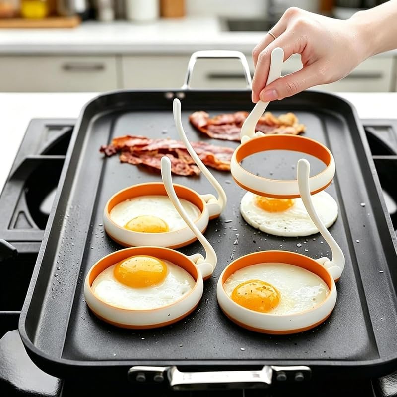 Vroxy Silicone Egg Rings Set With Folding Handle, Fried Egg Mold For Breakfast Sandwich Maker, 100% Food Grade Egg Cooking Rings