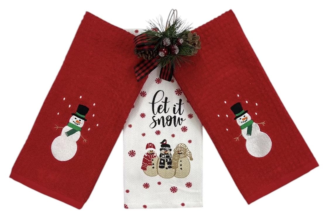 Winter Holiday Christmas Kitchen Bath Dish Hand Towels: Let It Snow Snowmen Herringbone With Two Embroidered Snowman Towel Desig