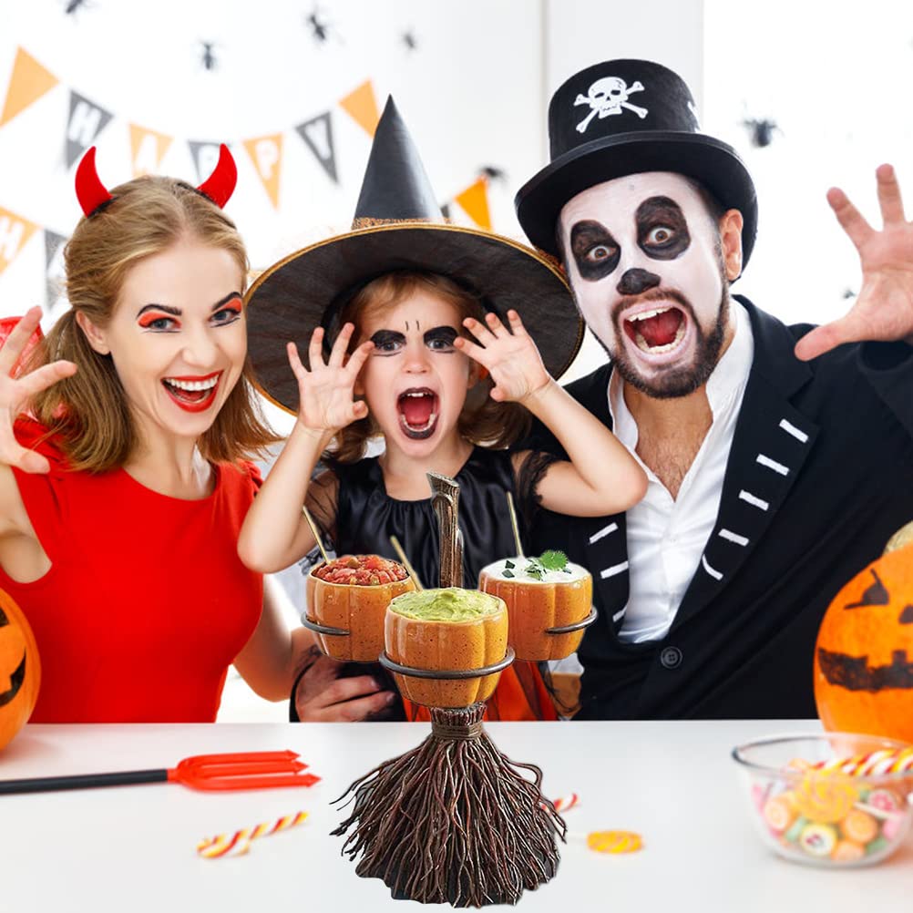 Halloween Pumpkin Bowls On Broom For Serving Snacks Salad Fruit Halloween Party Supplies Decorations (3 Cups)
