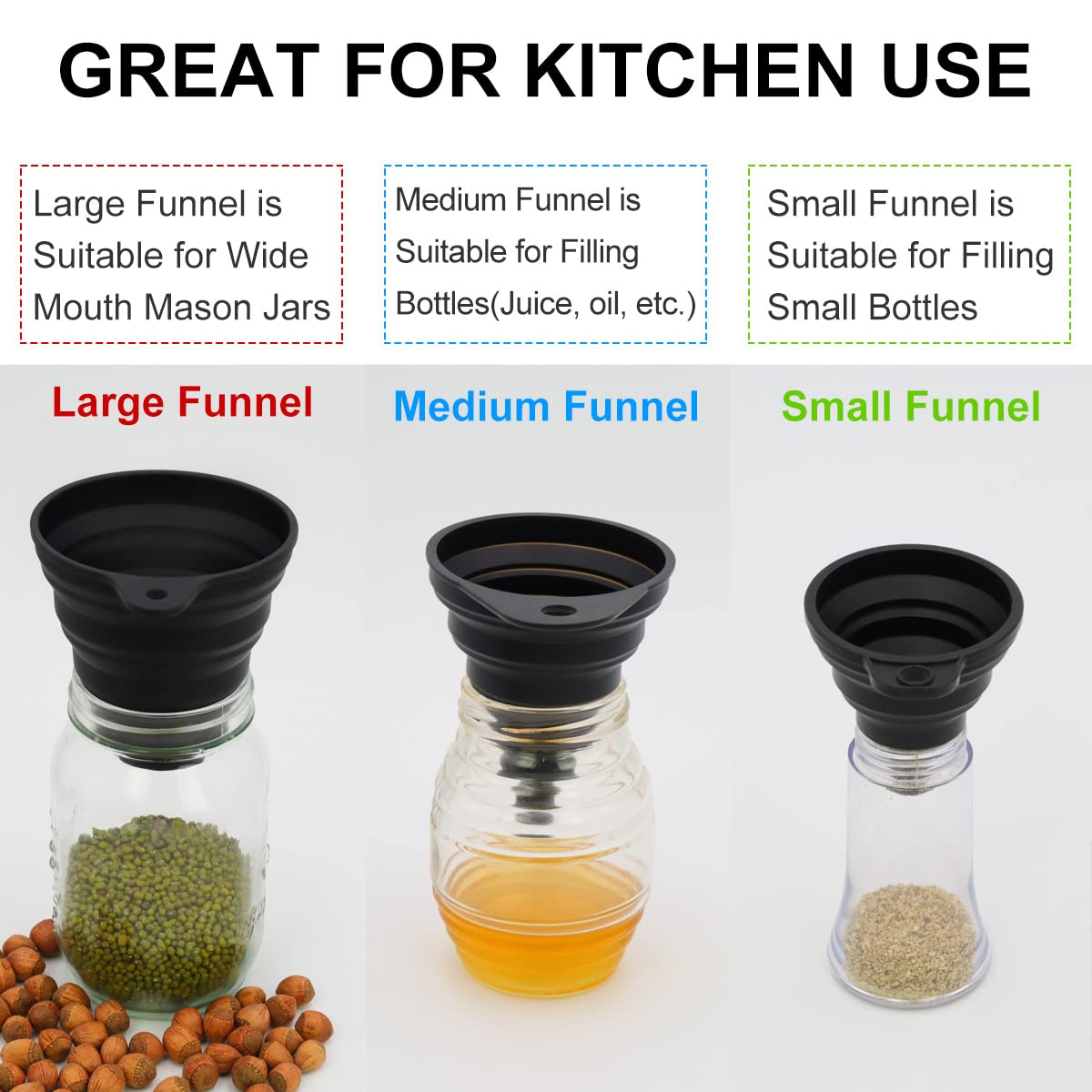 3 Sizes Of Kitchen Funnel Set, Food Grade Funnels For Filling Bottles, Premium Silicone Collapsible Funnel For Transferring Liqu