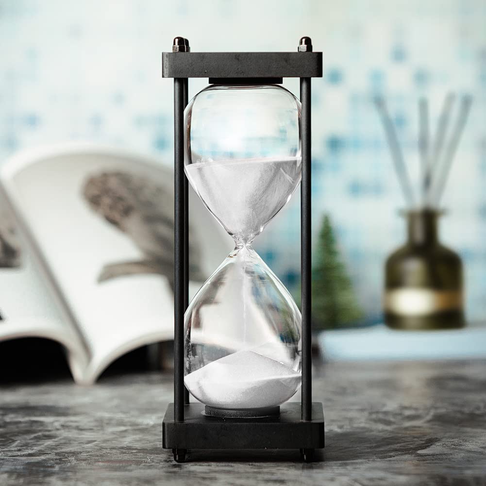 Hourglass Timer 60 Minute, Black Wooden Frame Decorative Sand Timer (White Sand, Large Size)