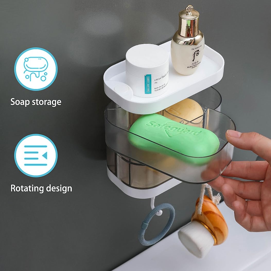 Shower Soap Holder, No Drilling Rotating Soap Holder With Hooks, Wall Mounted Soap Dish With Self Draining For Shower, Bathroom,