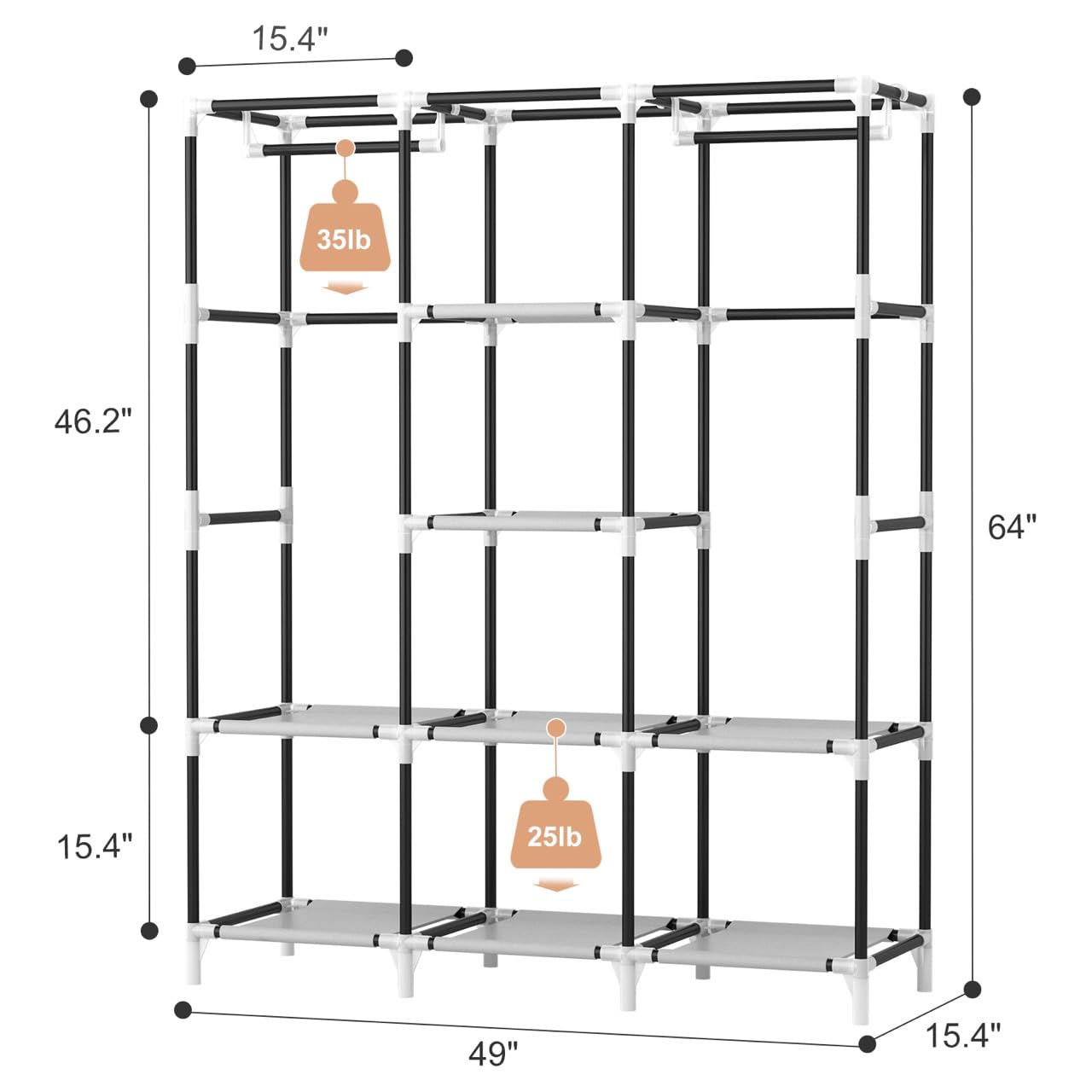 Vtrin Portable Closet Wardrobe For Hanging Clothes With 2 Hanging Rods And 8 Storage Organizer Shelves,Sturdy Large Wardrobe Clo