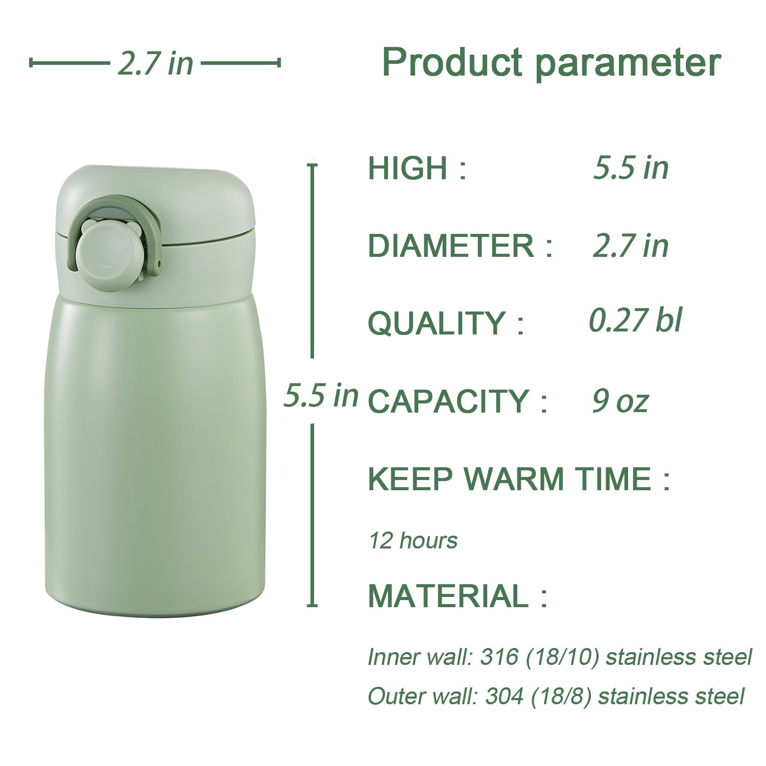 9 Oz Mini Water Bottle Small Stainless Steel Thermoses - Insulated Vacuum, Leak Proof, Keeps Drinks Hot/Cold - Ideal For Coffee,