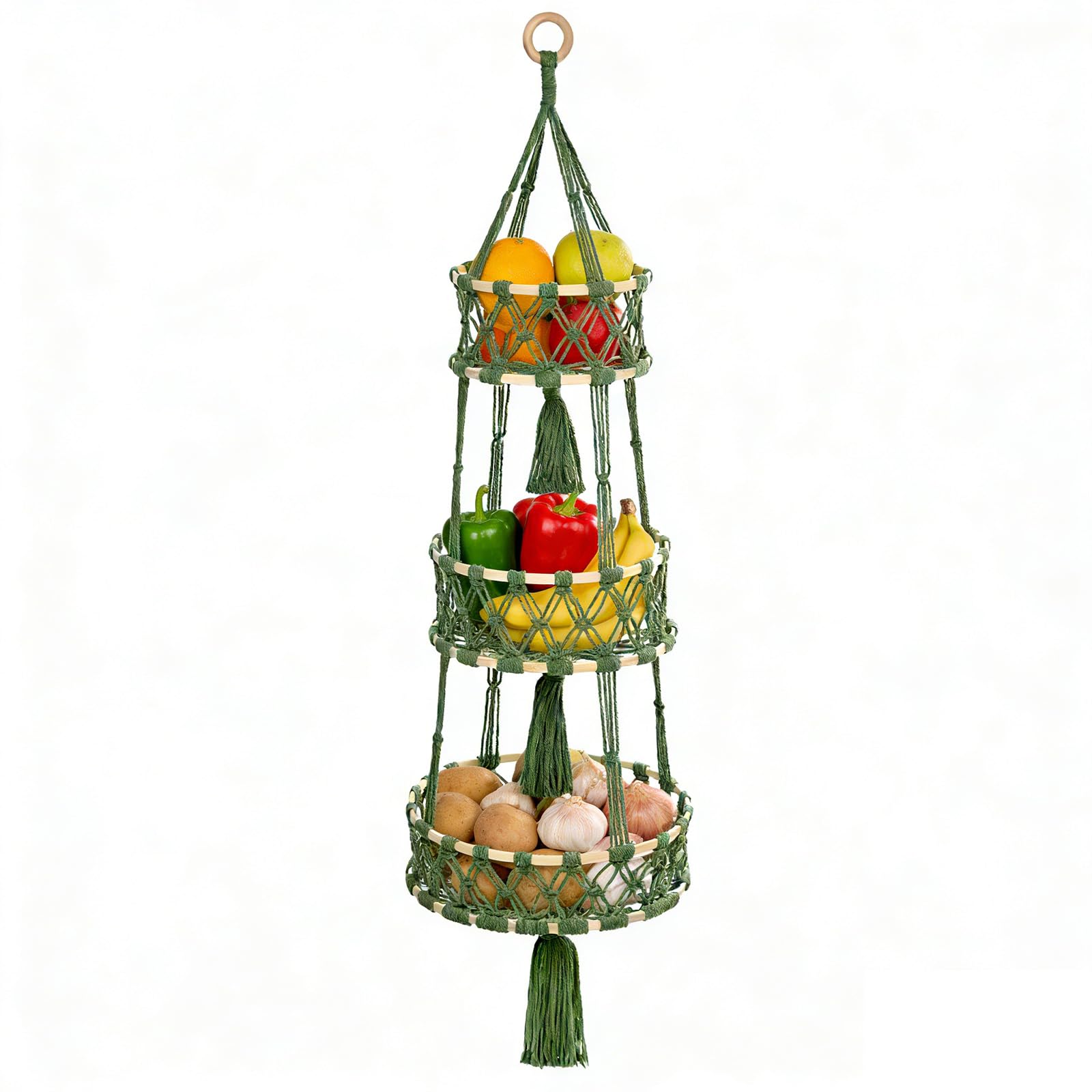 3 Tier Hanging Fruit Baskets for Kitchen, Macrame Plant Hanger Cotton Rope Handwoven Hammock Produce Storage Organizer Basket fo
