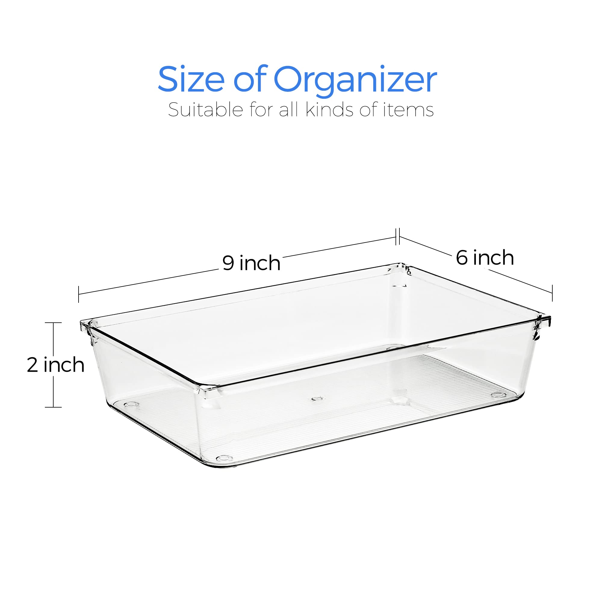 Ravinte 6 Pack Drawer Organizer - 6'' X 9'' Plastic Storage Bins, Acrylic Organizers with Non-Slip Pads Clear Desk Storage Tray