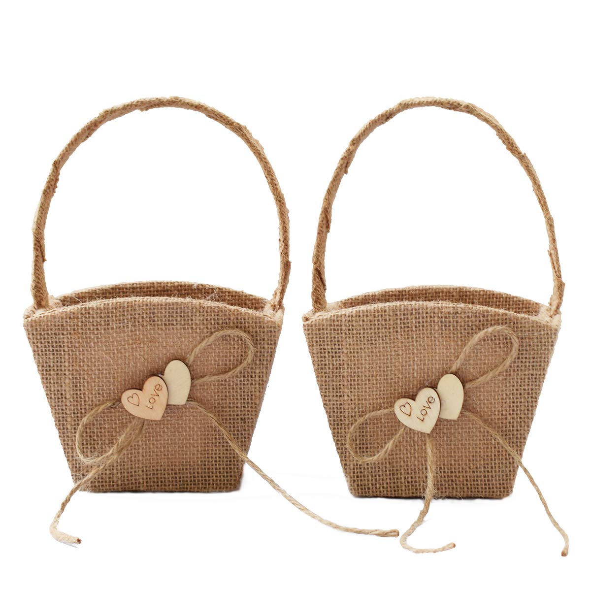 Atailove 2Pcs Burlap Wedding Flower Girl Basket Double Love Heart And Bowknot For Vintage Rustic Wedding