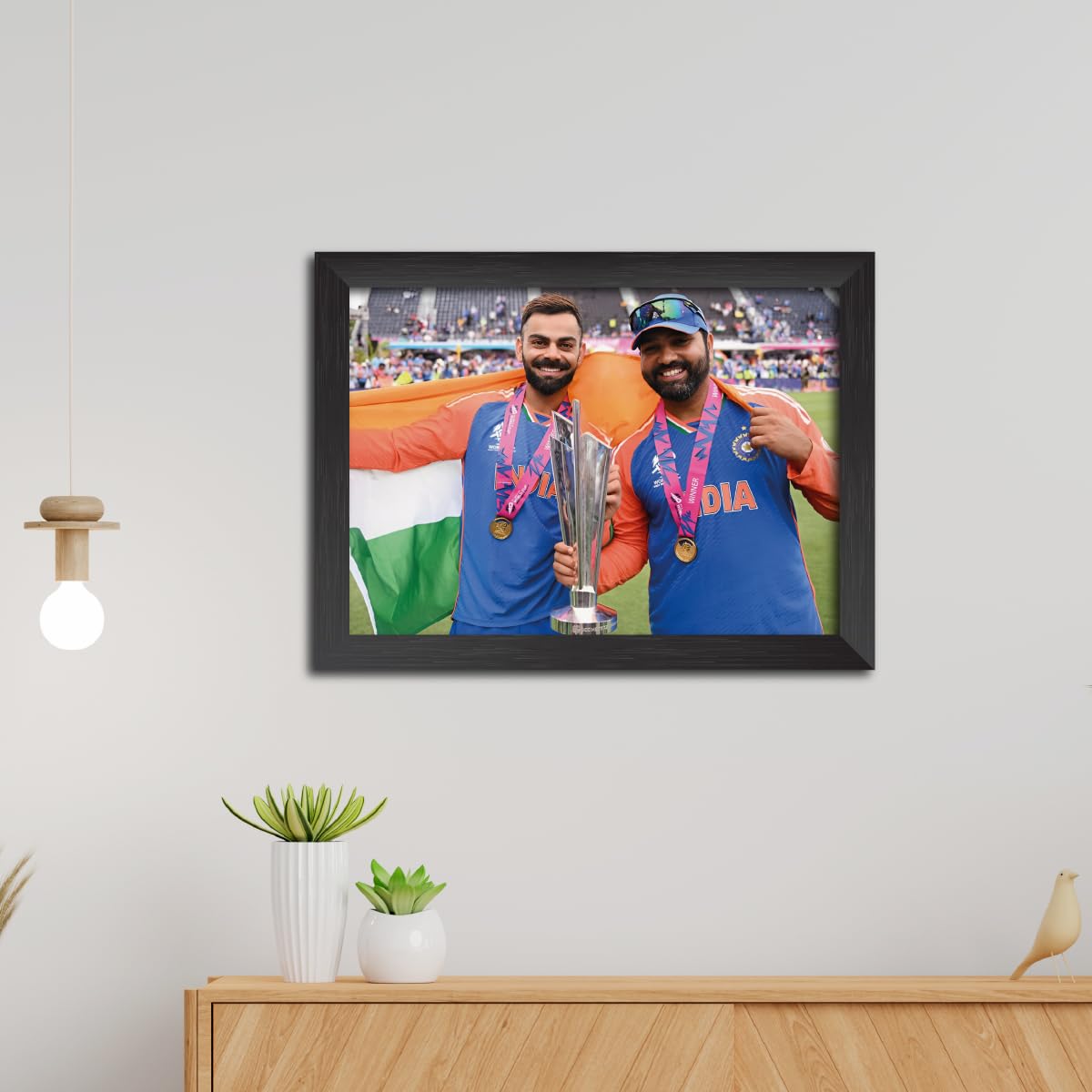 TenorArts Rohit Sharma Virat Kohli Worldcup Poster Indian Cricket Photo Framed Painting with Matt Finish Black Textures (12 inch