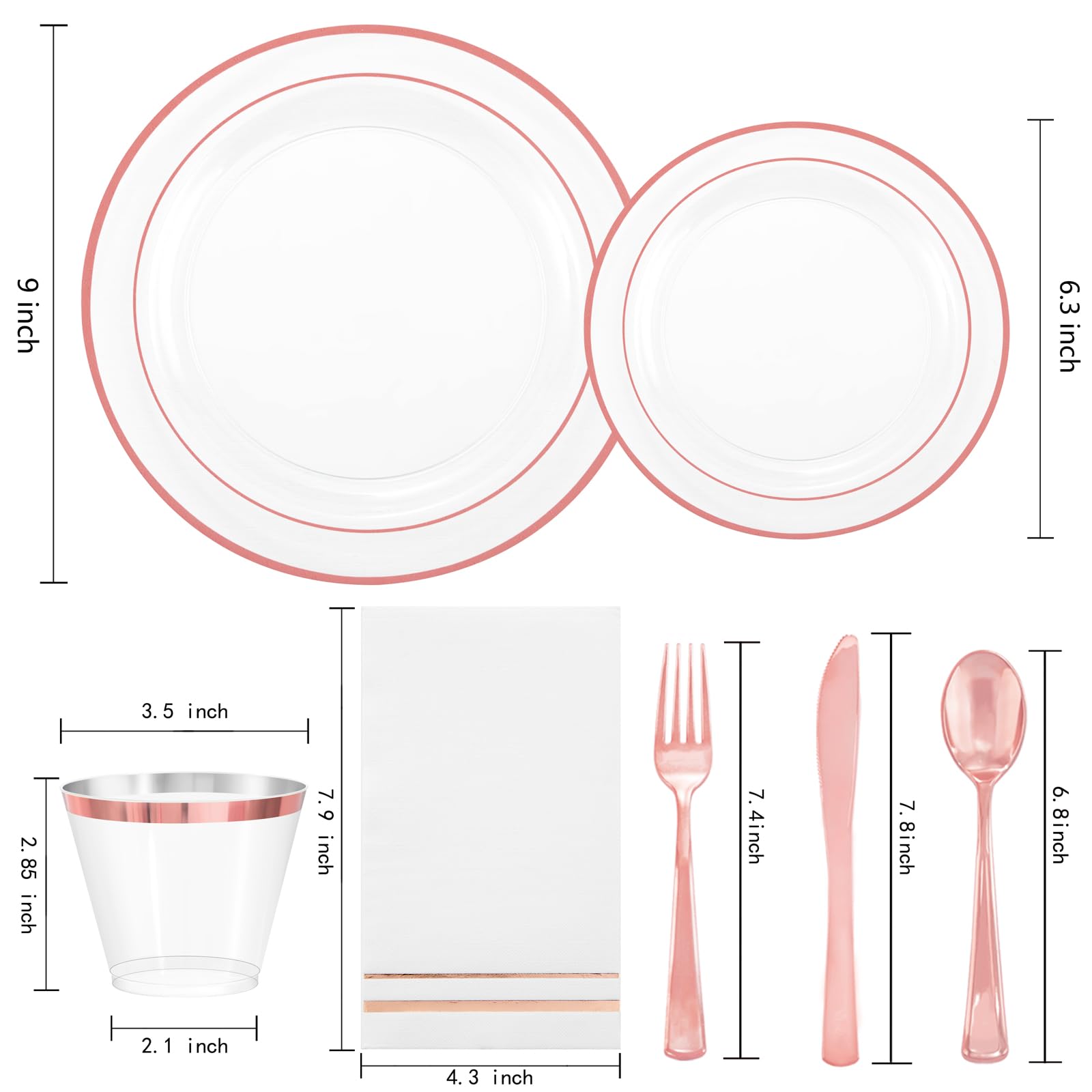 Gather 350Pcs Rose Gold Plastic Plates - Disposable Rose Gold Dinnerware Includes 100 Clear Rose Gold Rimmed Plastic Plates, 150