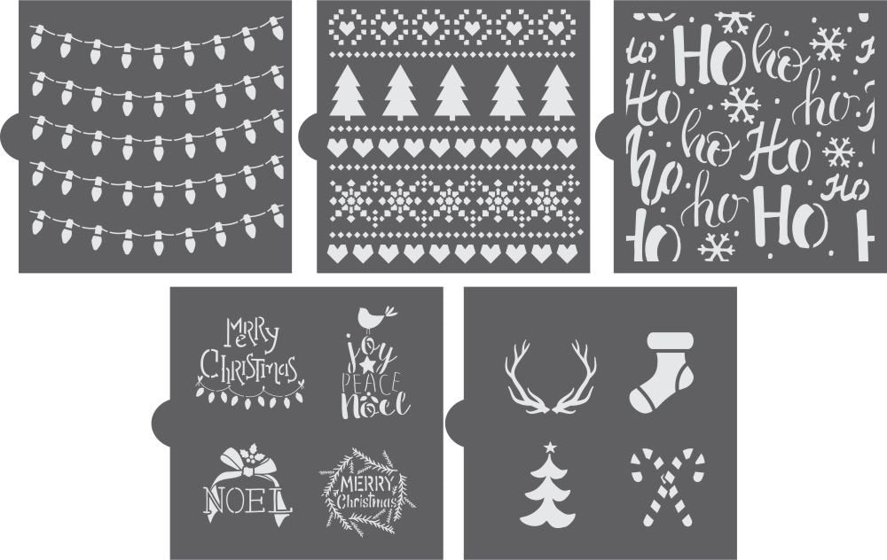 Christmas Cookie Stencil Set | 5 Food Grade Stencils | Merry Christmas - Noel - Peace & Joy | Value Pack