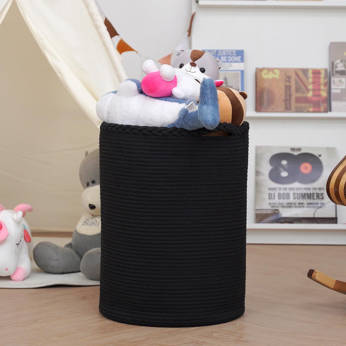 Homlikelan 72L Woven Laundry Basket,Cotton Tall Laundry Hamper For Blankets,Clothes,Pillows,Toys,Shoes Large Laundry Bin Black