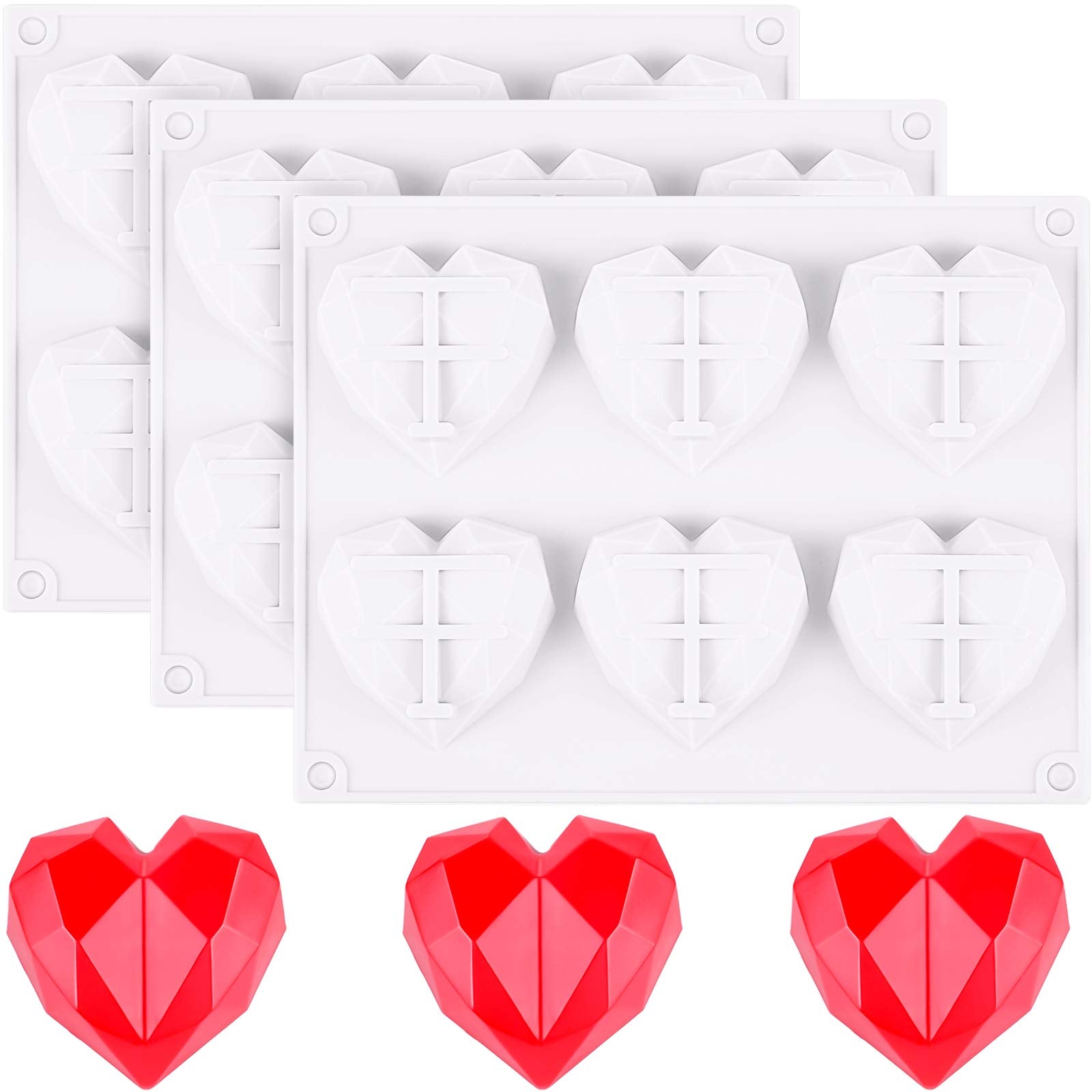 3 Pieces Diamond Heart Shaped Silicone Mold Valentine'S Day Silicone Molds Cake Fondant Baking Molds For Baking Chocolate French