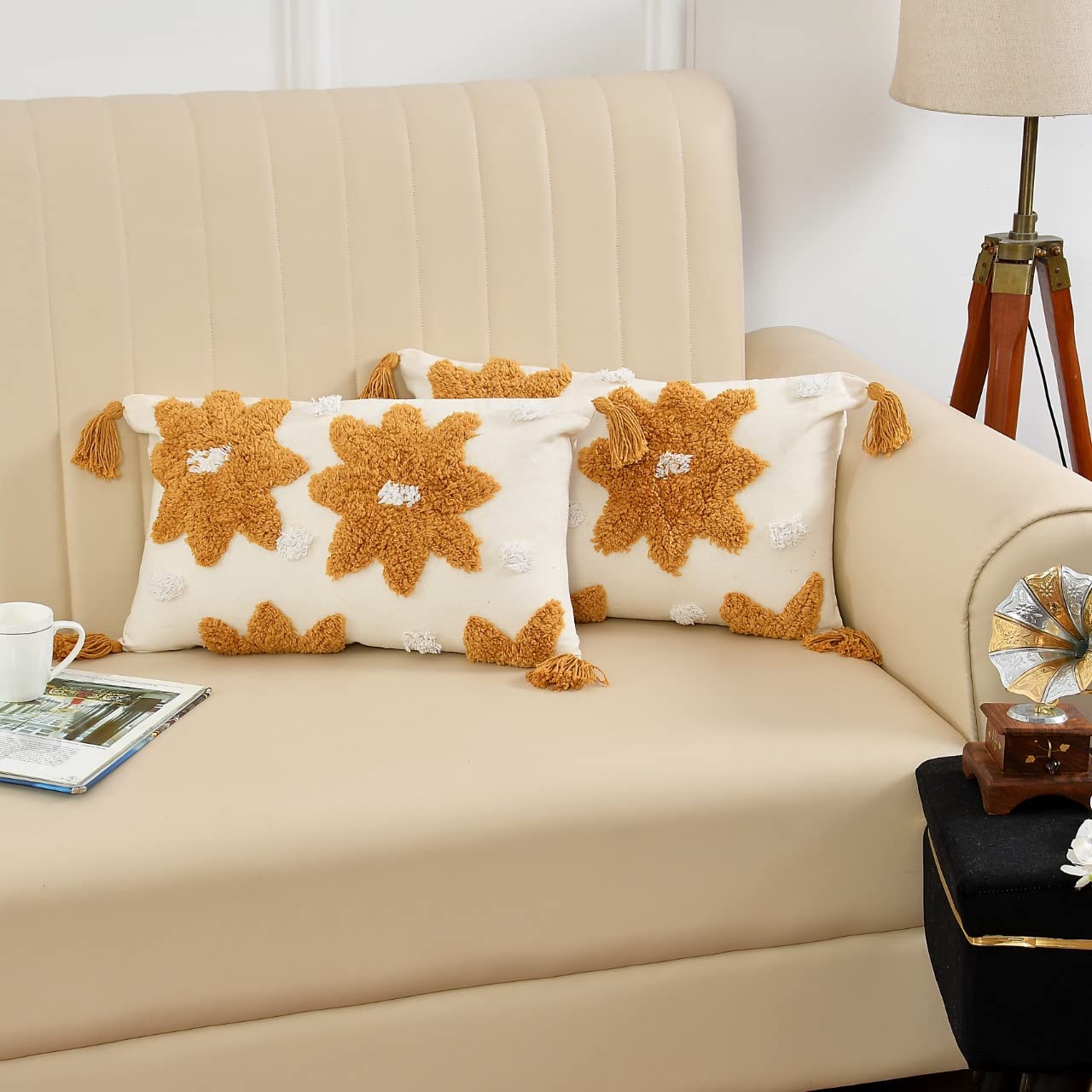Wisdom Decor Sofa Cushion Cover Cotton For Living Room Couch Soft Pillow Cover Size 12X20 Inch Yellow Flower Pack Of 1