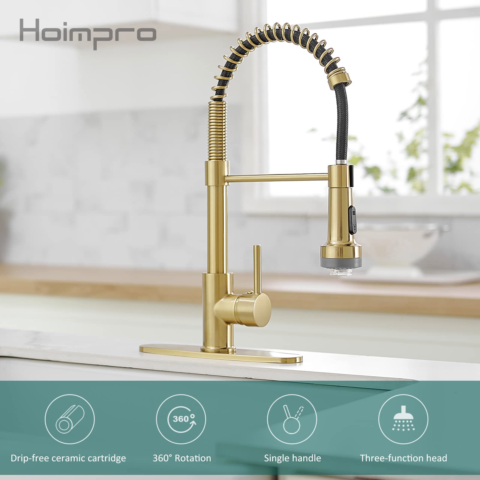 Hoimpro Led Gold Spring Kitchen Faucet With Pull Down Sprayer, Rv Kitchen Sink Faucet With Pull Out Sprayer,2 Function Single Ha