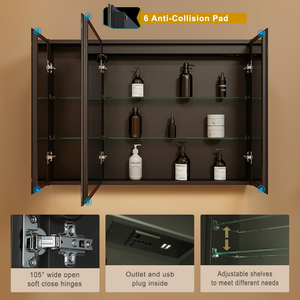 KWW LED Lighted Bathroom Medicine Cabinet with Sockets & USBs, Defogger, Dimmable, 3 Color Light Makeup Mirror, Easy to Install,