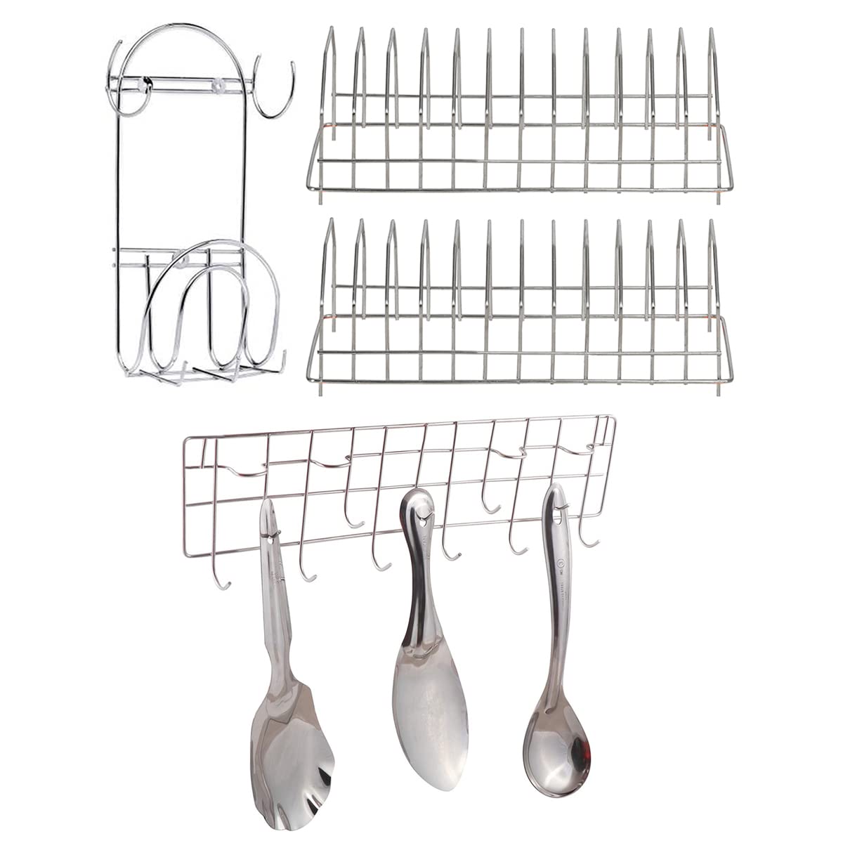 Jisun Stainless Steel (Pack Of 2) Plate Stand/Dish Rack & Chakla Belan & Hook Rail For Kitchen