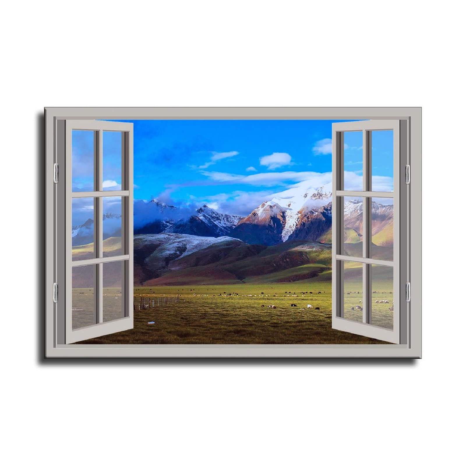 3D Open Window View Grassland Natural Scenery Posters Canvas Painting Modern Wall Art Home Living Room Decor Bedroom Aesthetic M