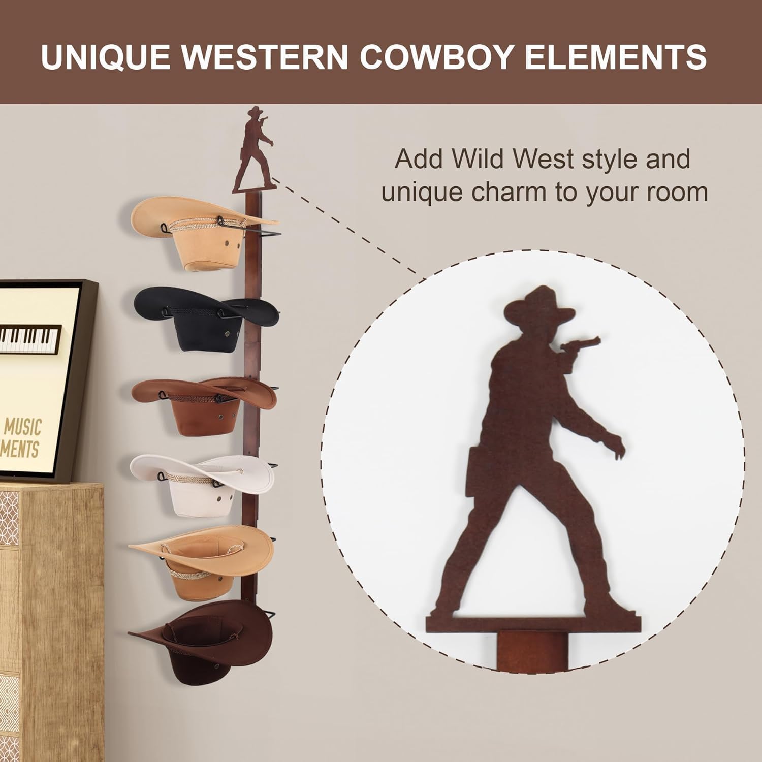 Canwupon Cowboy Hat Rack Holder For Wall - Wild Western Style Design Hat Organizer With 6 Hat Hooks For Wall Mount, Hat Stand An