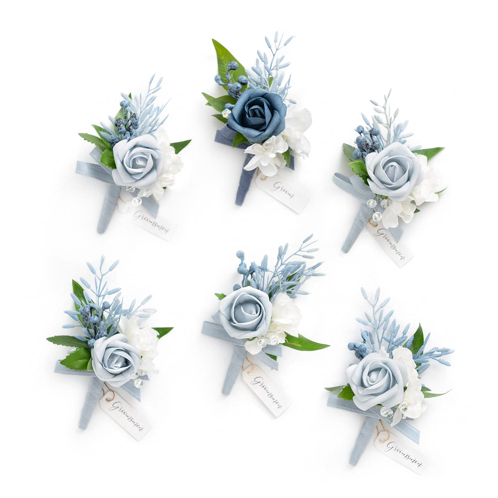 Lings Moment Dusty Blue Boutonniere for Men (Set of 6), Light Blue Groom Groomsmen Boutonniere for Wedding,Prom,Homecoming, etc