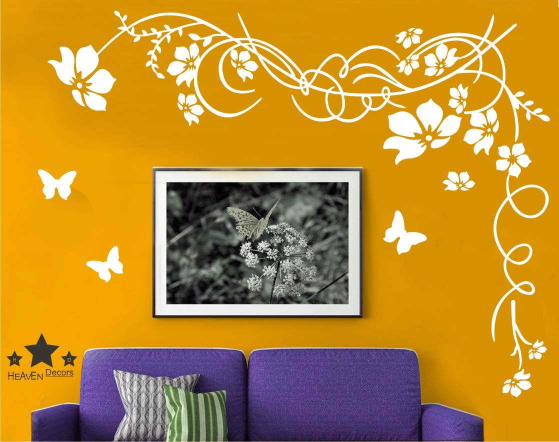 Heaven Decors Corner Flower Sticker And Wall Sticker (Pvc Vinyl, Ideal Size On Wall 148 Cm X 105 Cm) White