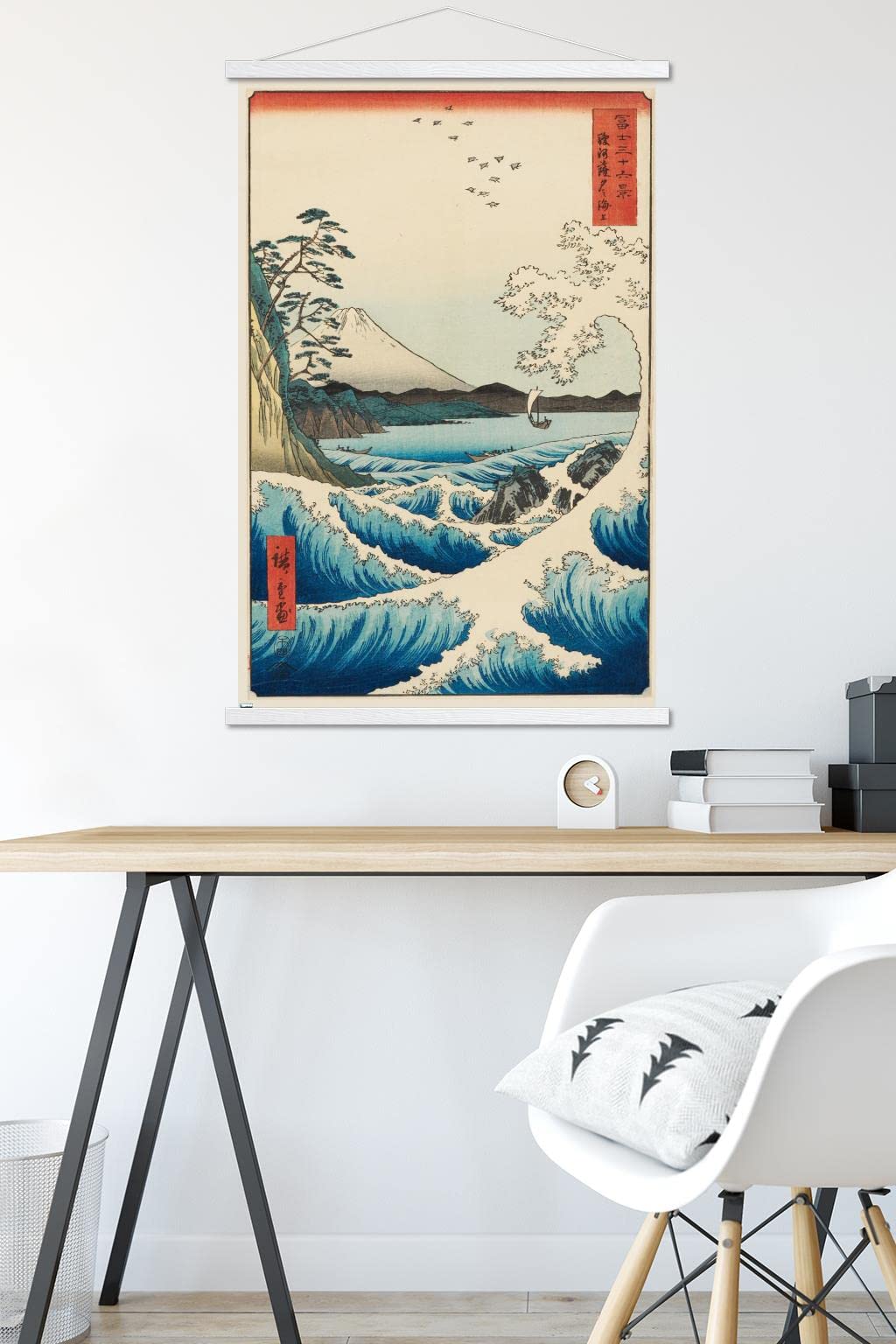 Trends International Hiroshige - The Sea At Satta Wall Poster, 22.375'' X 34'', Premium Print And White Hanger Bundle