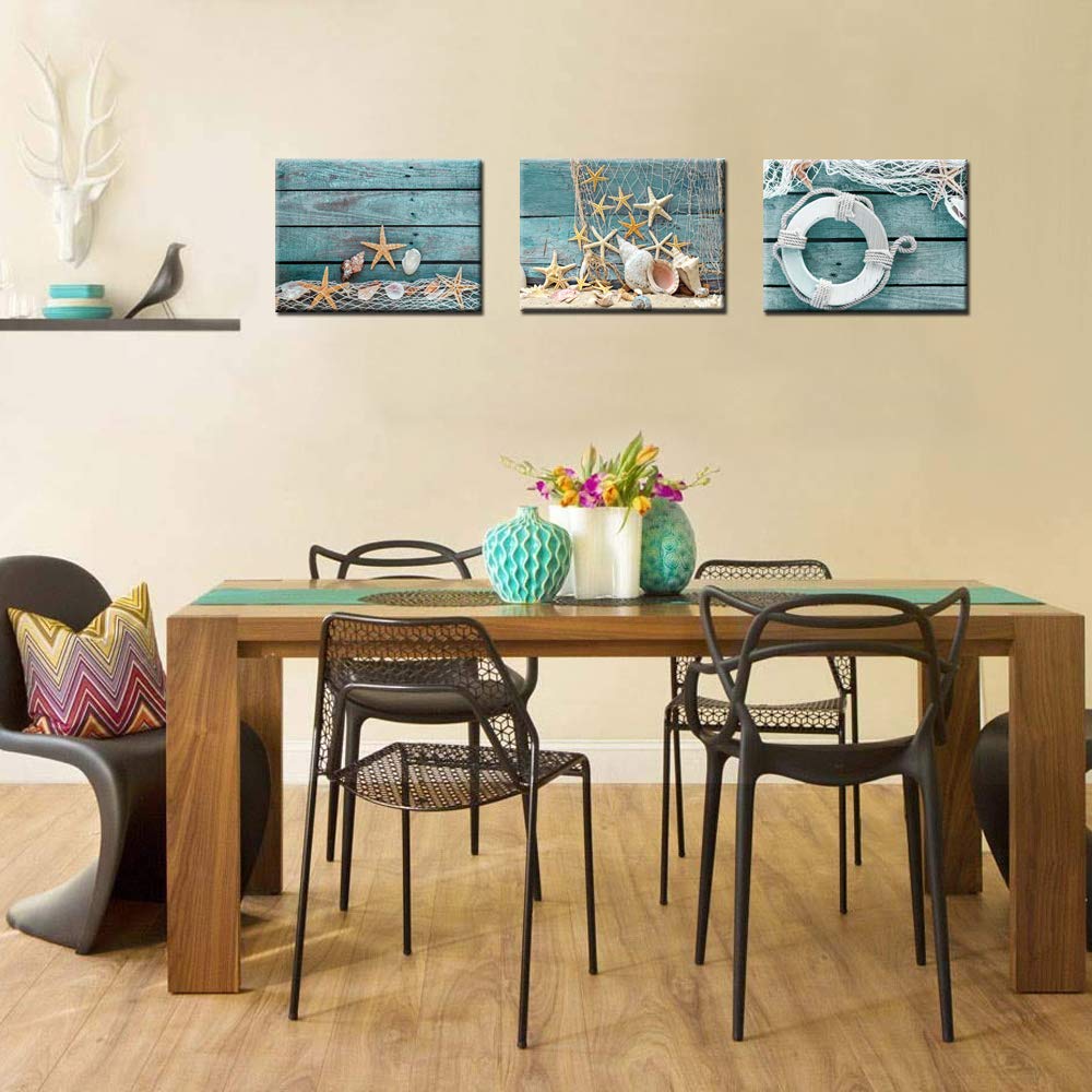 Biuteawal- 3 Piece Canvas Wall Art Starfish Shell On Teal Board Painting Prints Beach Nature Picture Canvas Artwork For Home Kit
