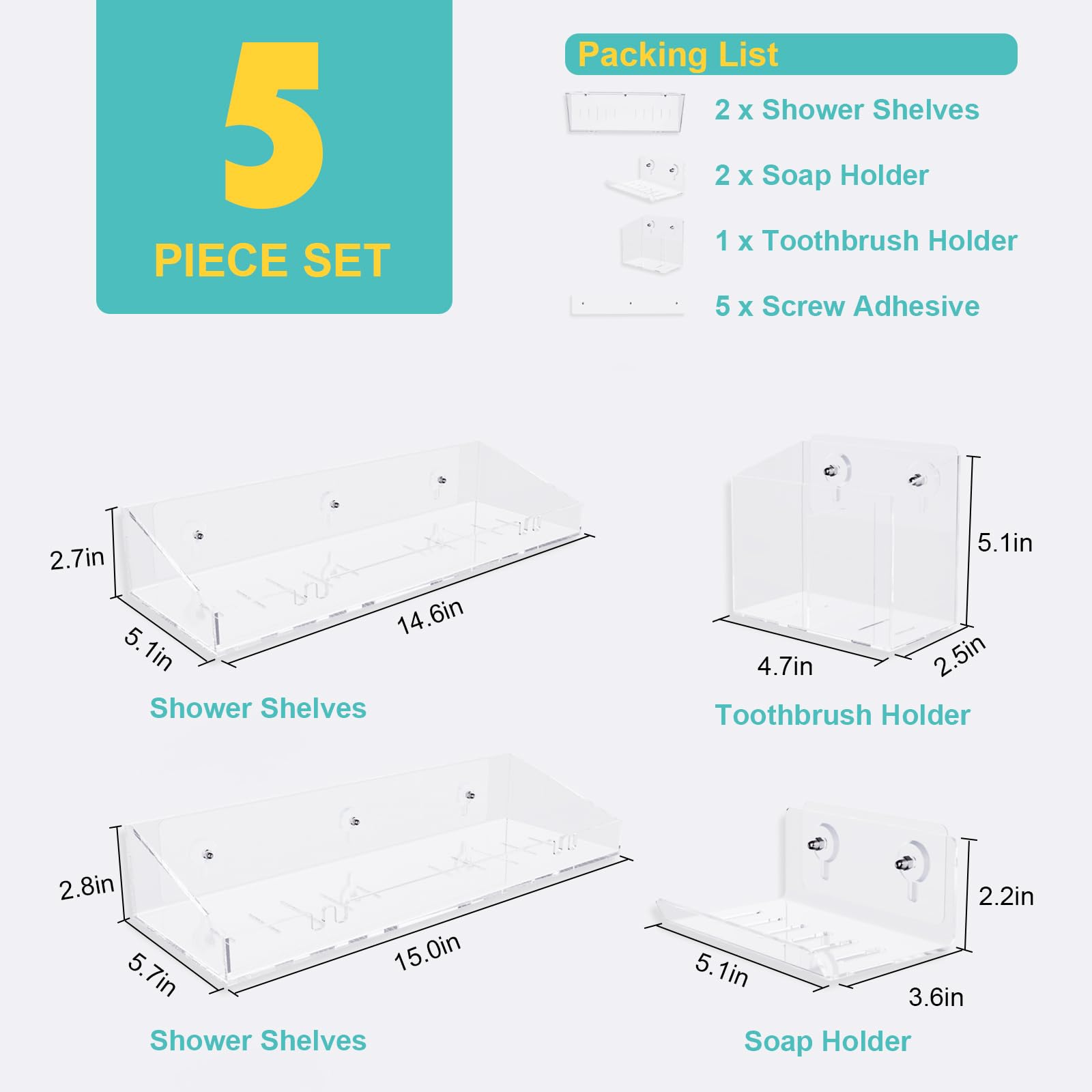 Bakzon Adhesive Shower Caddy, 5 Pack Acrylic Shower Shelves Bath Organizers With Large Capacity, No Drilling Shelves For Bathroo