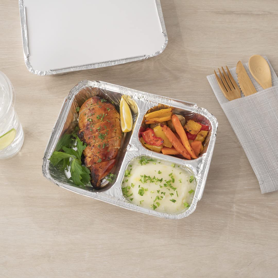 Restaurantware Foil Lux 23 Ounce Aluminum Food Containers 100 Rectangle Aluminum Pans - Lids Sold Separately 3 Compartments Silv