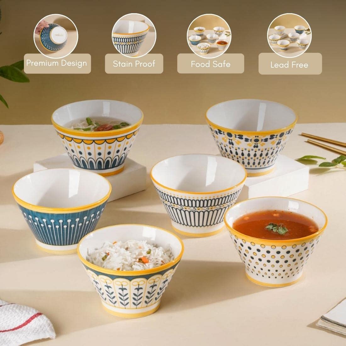 Nestasia Set of 6 Multicolor Aloha Ceramic Ramen Bowls for Serving Noodles, Ramen, Snacks, Soups, or Curries (Set of 6, 350ml Ea