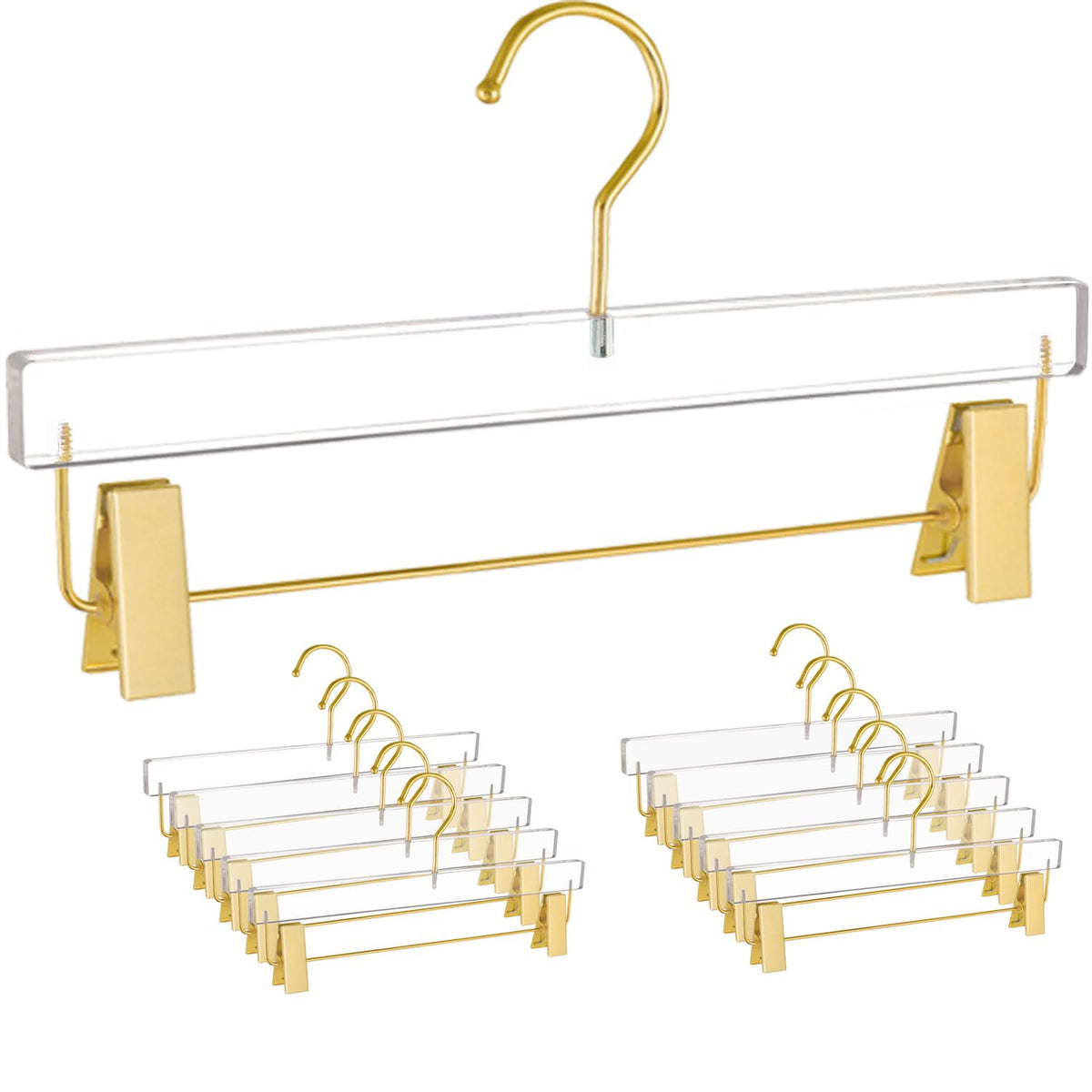 Besser 10 Pack Gold Acrylic Hangers,Clear Hangers With Gold Hooks,Luxurious Skirt Pants Hangers Gold Clips For Clothing Closet S