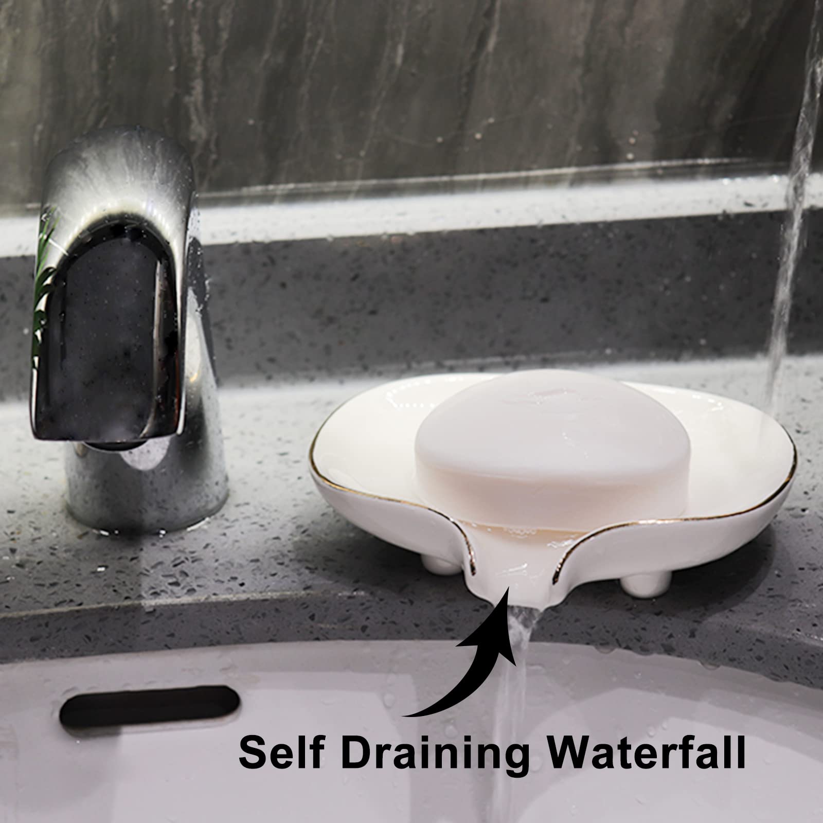 Polyroyal White Soap Dish Ceramic Self Draining Soap Dish Waterfall Slot Gold Edge Bathroom Accessories for Bathroom  Kitchen Bar Counter