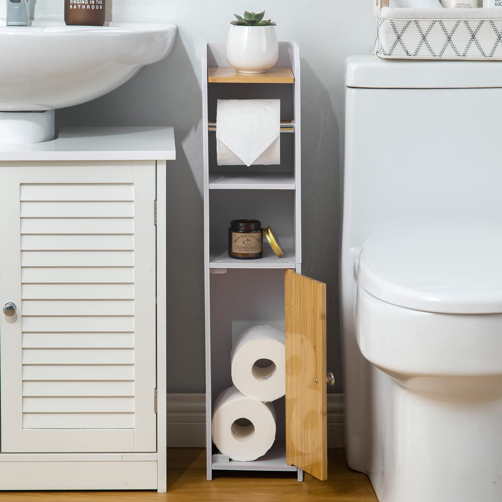 Aojezor Toilet Paper Holder Stand: Small Bathroom Cabinet Storage For Apartment Dwellers - Toilet Paper Storage - White/Bamboo