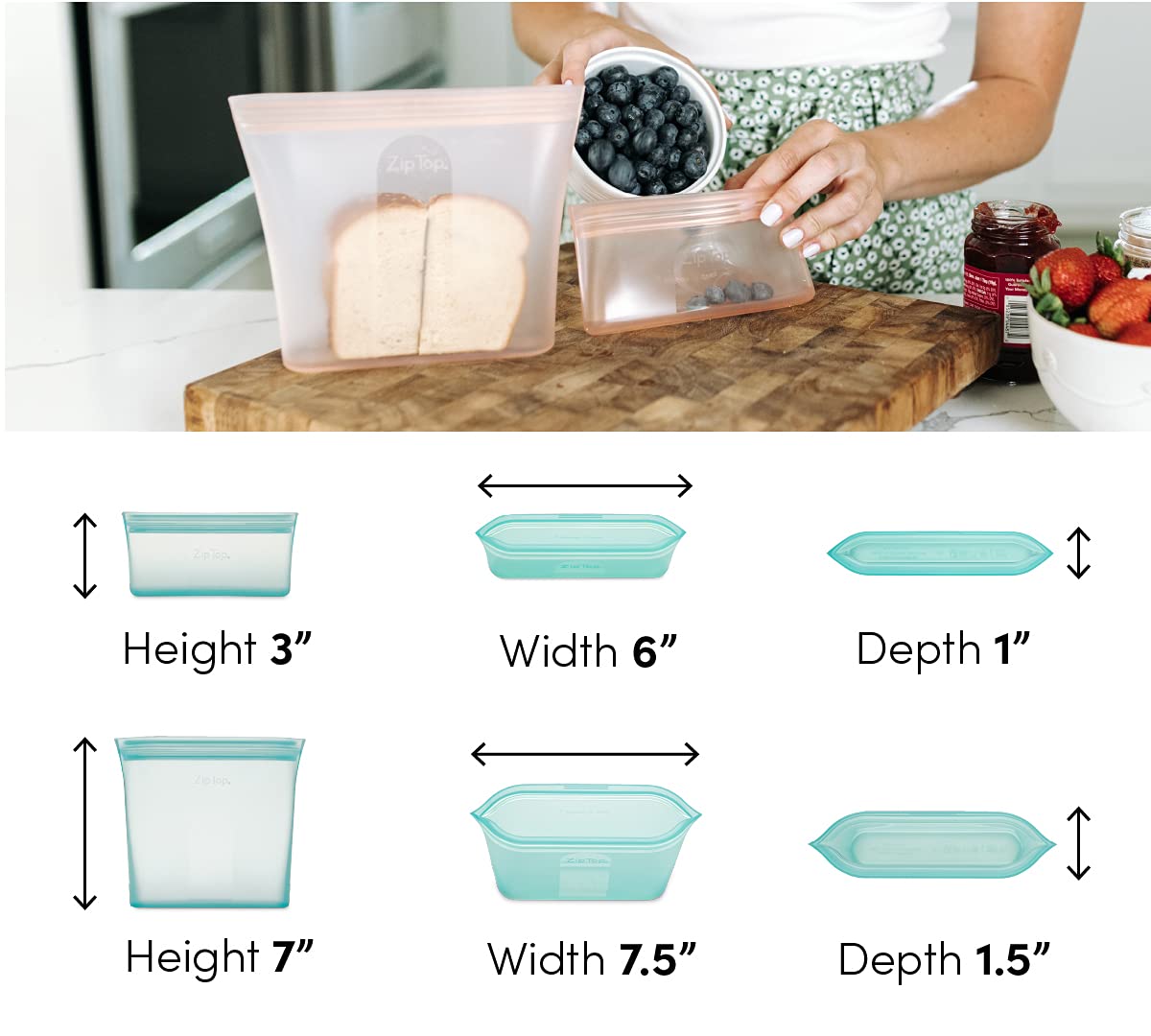 Zip Top Reusable Food Storage Bags | 2 Bag Set [Teal] | Silicone Meal Prep Container | Microwave, Dishwasher And Freezer Safe |