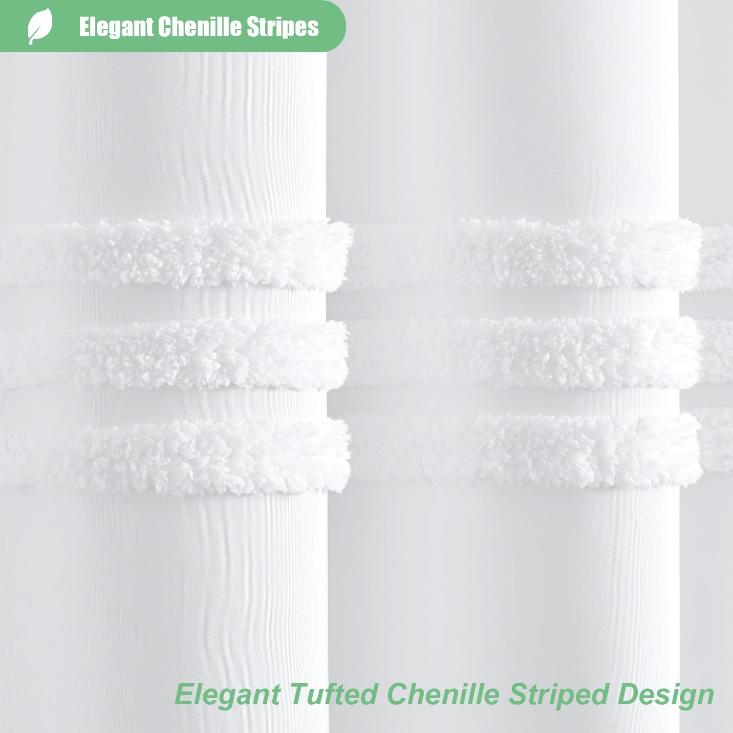 Dynamene White Fabric Shower Curtain, Tufted Chenille Striped Textured Cloth Shower Curtain For Bathroom, Modern Farmhouse Shabb
