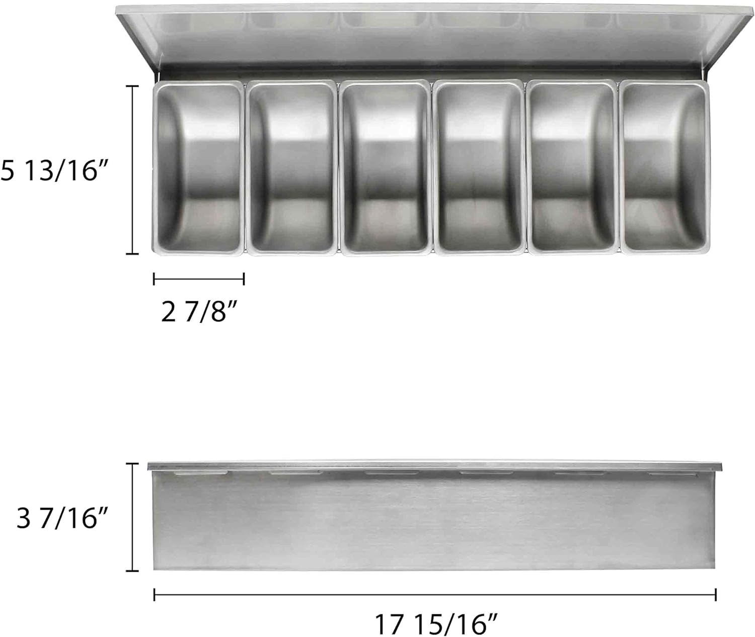 Truecraftware- 6 Compartment Stainless Steel Condiment Bar (Open Bottom)- Condiment Dispenser Serving Container Garnish Tray Bar