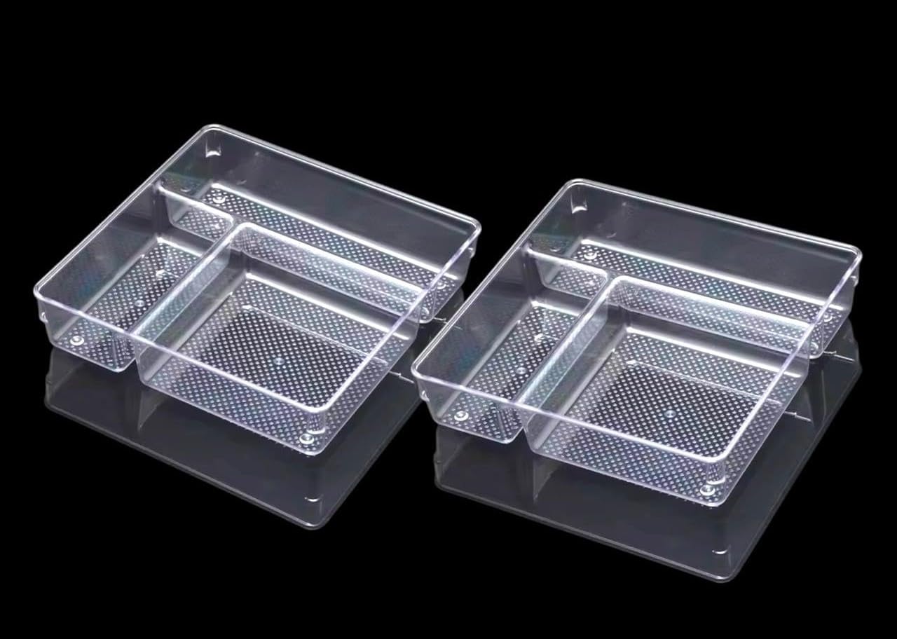 Csm Clear Plastic 3 Compartment Drawer Organizer Tray, Storage Bin Vanity Divider For Bathroom, Kitchen, Office, Bedroom, Set Of