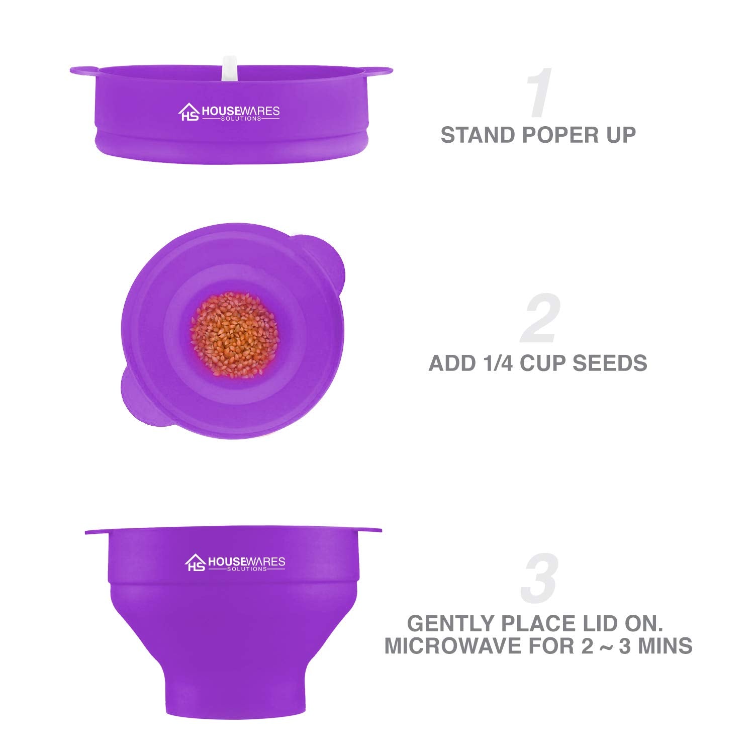 Collapsible Silicone Microwave Hot Air Popcorn Popper Bowl With Lid And Handles (Purple)