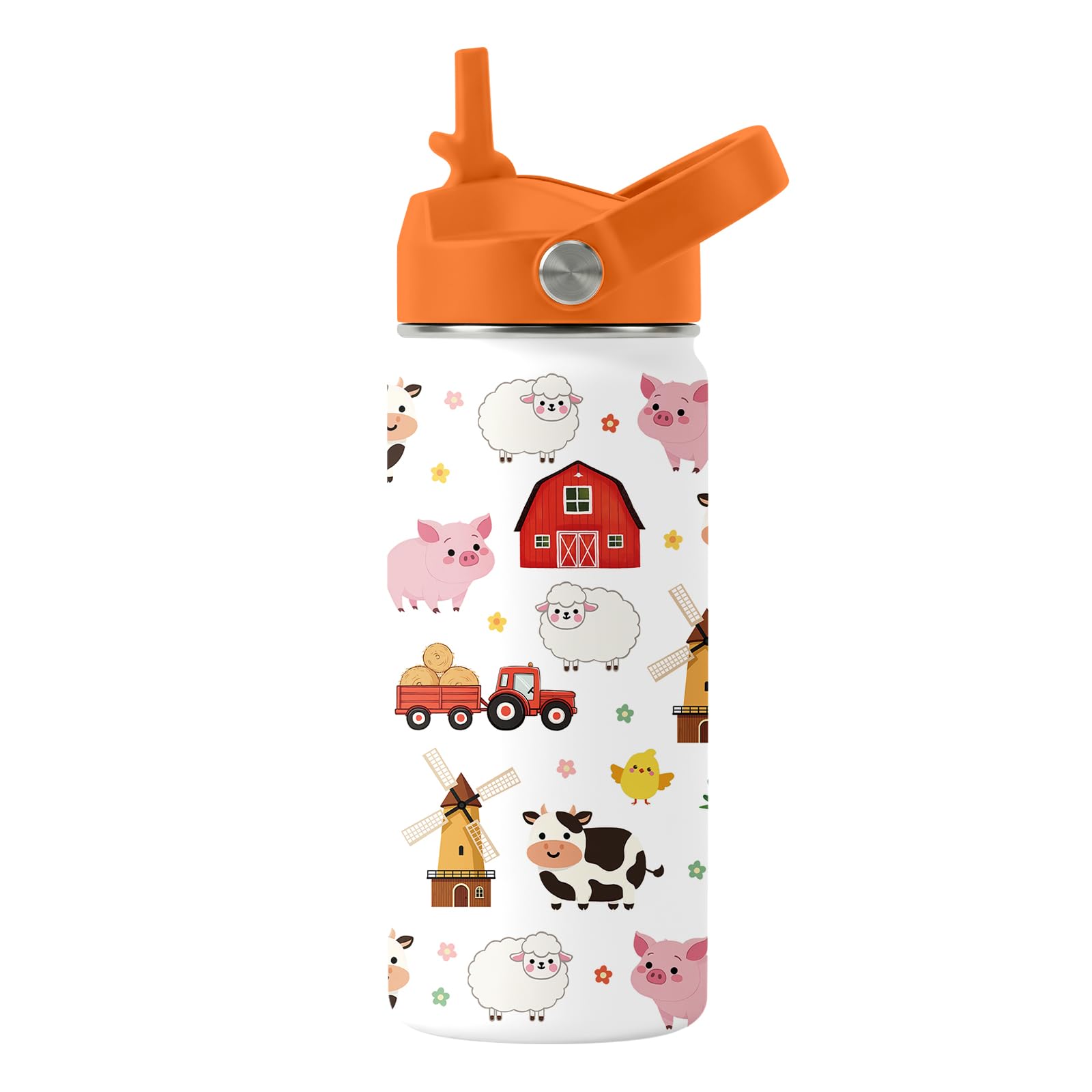 Farm 16oz Water Bottle for Women, Animals Insulated Stainless Steel Tumbler with Straw Lid and Handle for Son Daughter, Christma