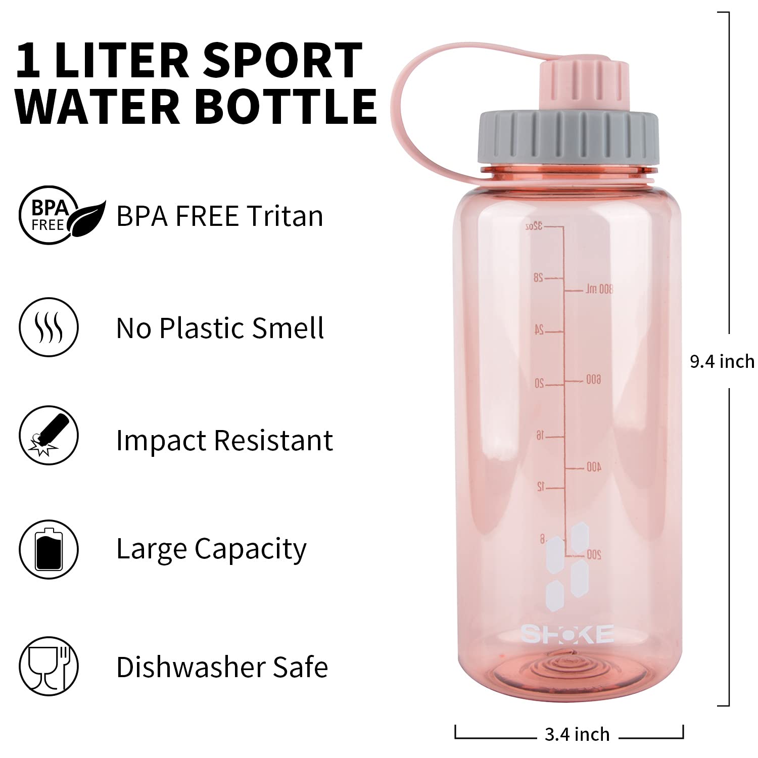 Shoke 1 Liter Water Bottle, 32Oz Bpa Free Non-Toxic Tritan Wide Mouth Leakproof Large Sports Water Bottles With Handle, Gym Spac