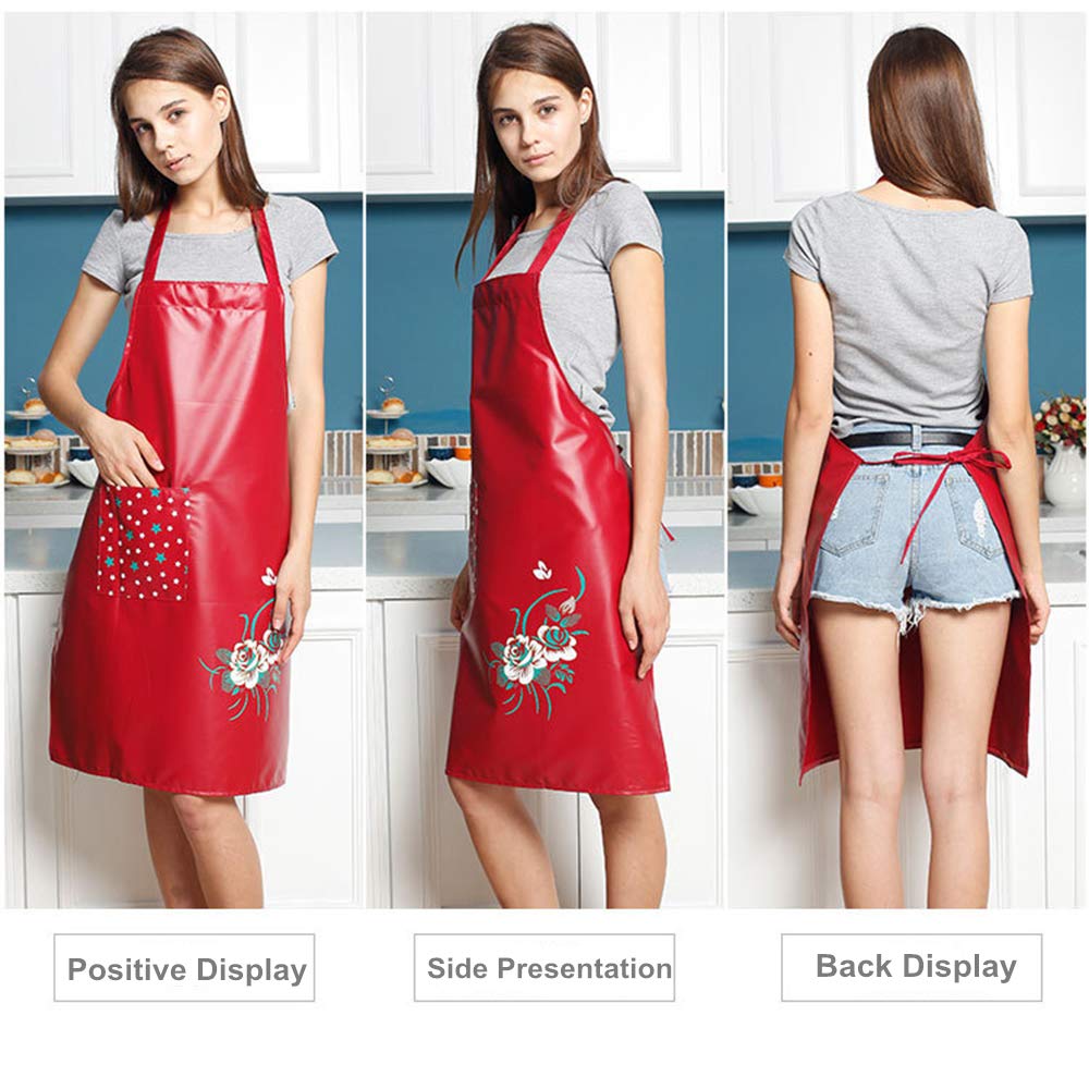 PU Kitchen Oil and Waterproof Aprons for Women with Pocket for Cooking Washing Blue