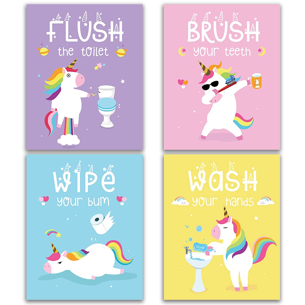 Iiiluyot Funny Unicorn Bathroom Decor, Wash Wipe Flush Brush, Unicorn Decor Gift, Unicorn Rainbow Girls Gift Art Prints, (Unfram