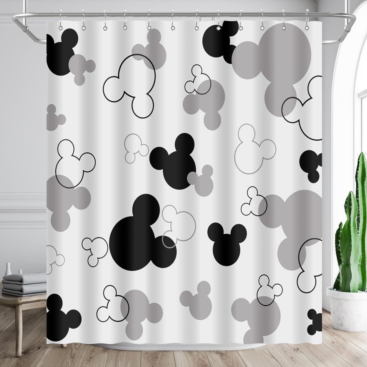 Biysuc Mouse Head Shower Curtain Black And White Children Cartoons Kids Bath Curtain Cute Animal Grey Bathroom Home Decor Waterp