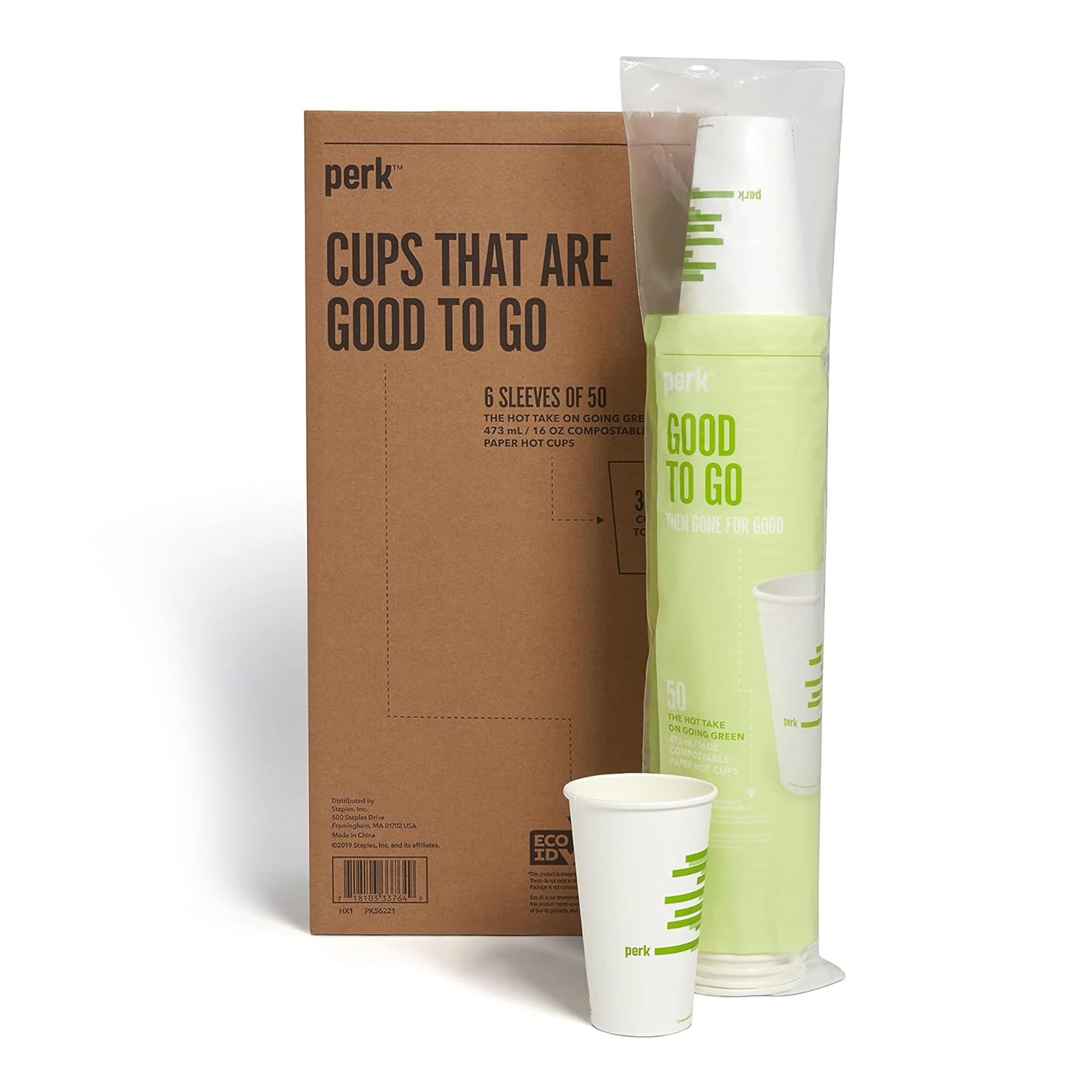 Perk Compostable Paper Hot Cups, 16 oz White/Green, Disposable Coffee Cups for Office & Catering