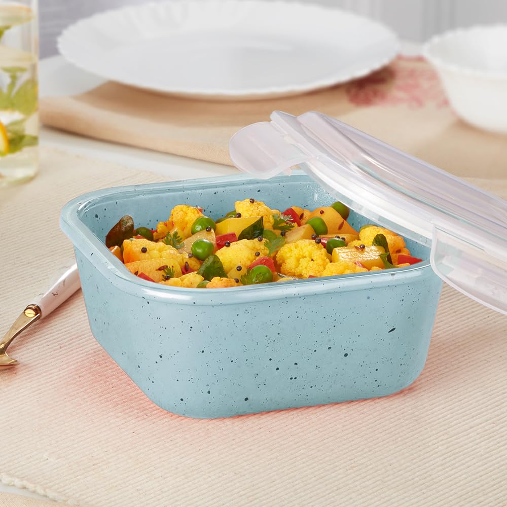 Borosil 800 Ml Blue Food Storage Container With Air Tight Lid | Square Shape Borosilicate Glass Organiser | Microwave & Dishwash