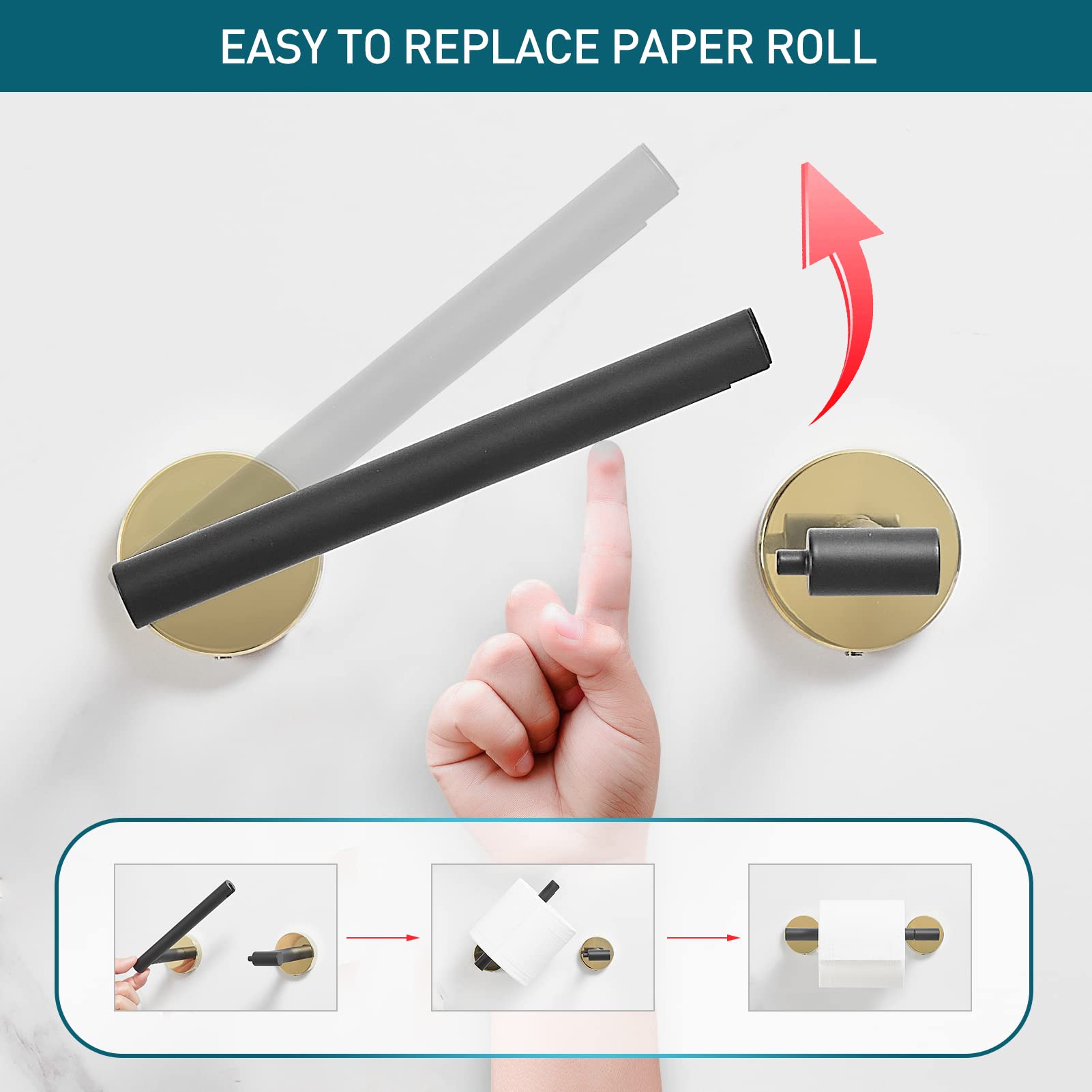 Pokim Toilet Paper Holder Matte Black&Gold, Metal Bathroom Rotating Tissue Roll Holder On Wall Mounted With Lock, 304 Stainless